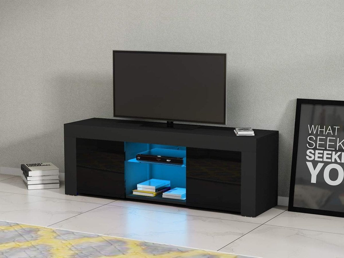 Modern Black TV Stand for 50” TVs with RGB LED Light & Storage Cabinets - Kwikley