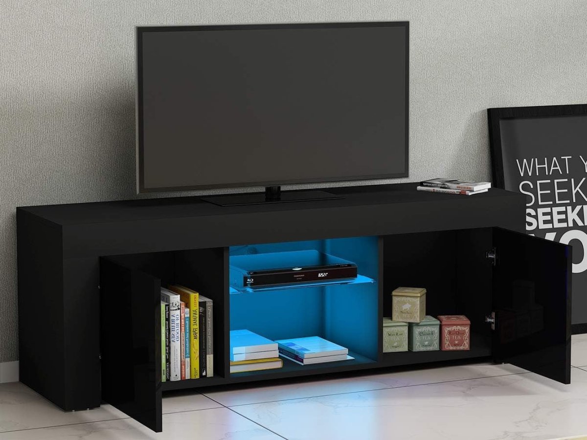 Modern Black TV Stand for 50” TVs with RGB LED Light & Storage Cabinets - Kwikley