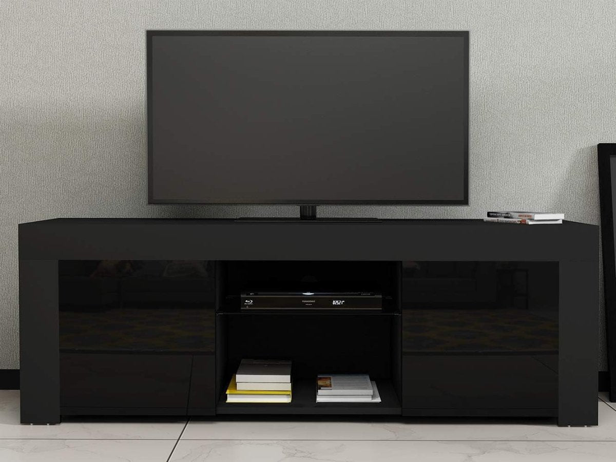 Modern Black TV Stand for 50” TVs with RGB LED Light & Storage Cabinets - Kwikley