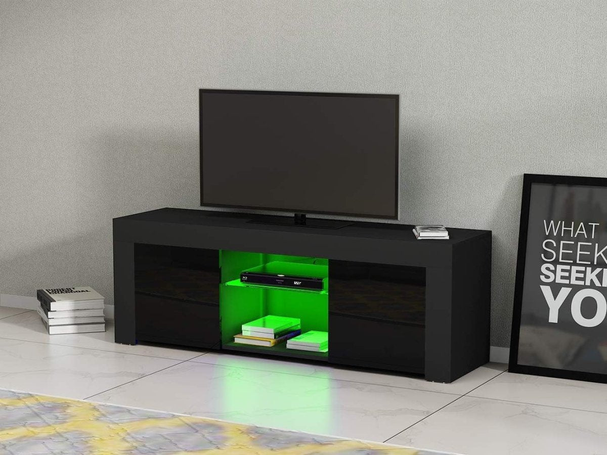 Modern Black TV Stand for 50” TVs with RGB LED Light & Storage Cabinets - Kwikley
