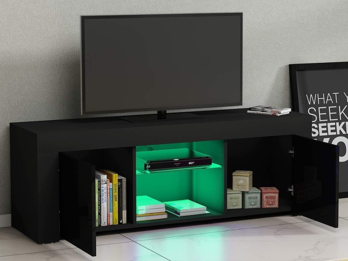 Modern Black TV Stand for 50” TVs with RGB LED Light & Storage Cabinets - Kwikley