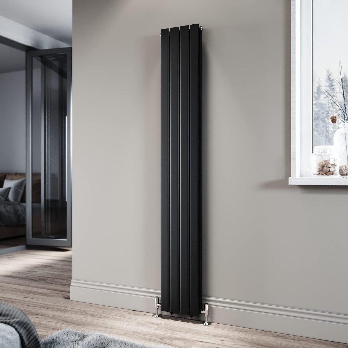 Modern Black Vertical Double Panel Radiator 1800x272mm Slim Designer Rad - Kwikley