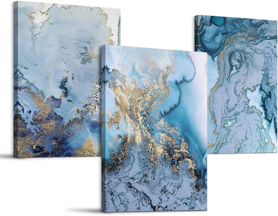 Modern Blue & Gold Abstract Canvas Wall Art for Living Room Decor - Kwikley