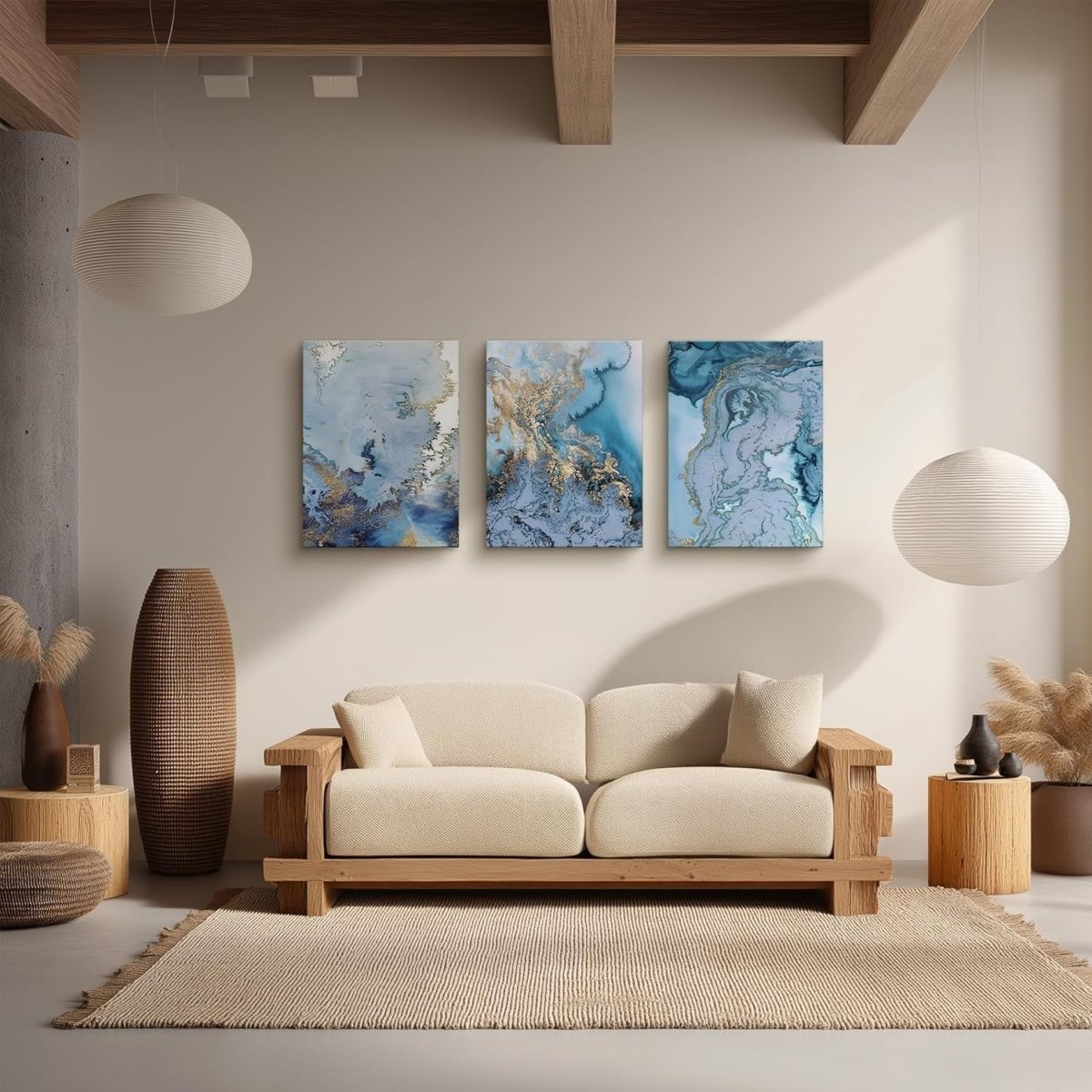 Modern Blue & Gold Abstract Canvas Wall Art for Living Room Decor - Kwikley