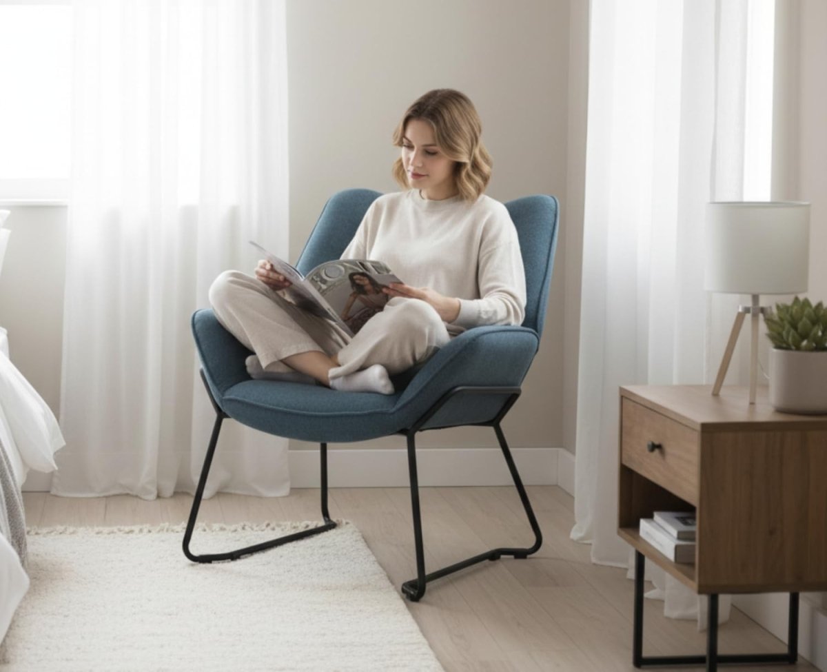 Modern Chenille Tub Armchair Blue Upholstered Accent Chair Metal Legs - Kwikley
