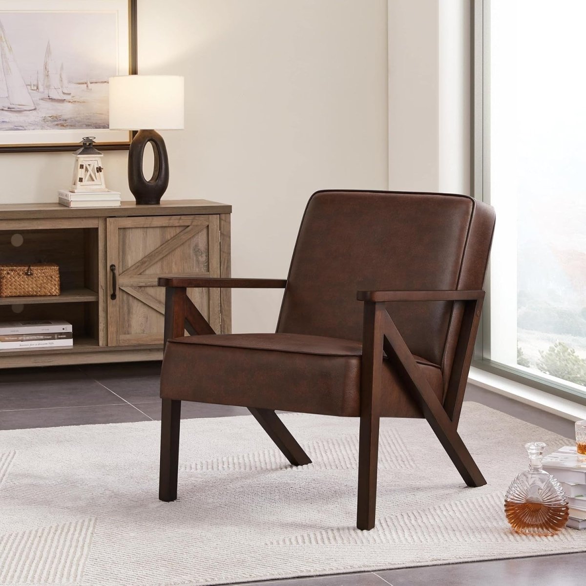Modern Faux Leather Accent Chair Wood Frame Lounge Armchair Brown - Kwikley