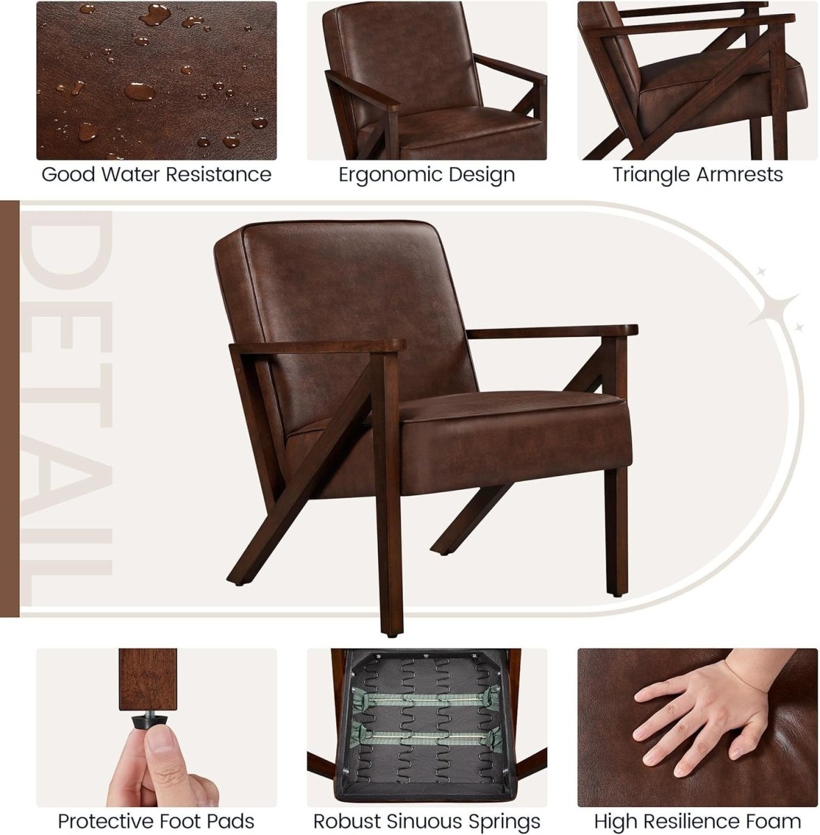 Modern Faux Leather Accent Chair Wood Frame Lounge Armchair Brown - Kwikley