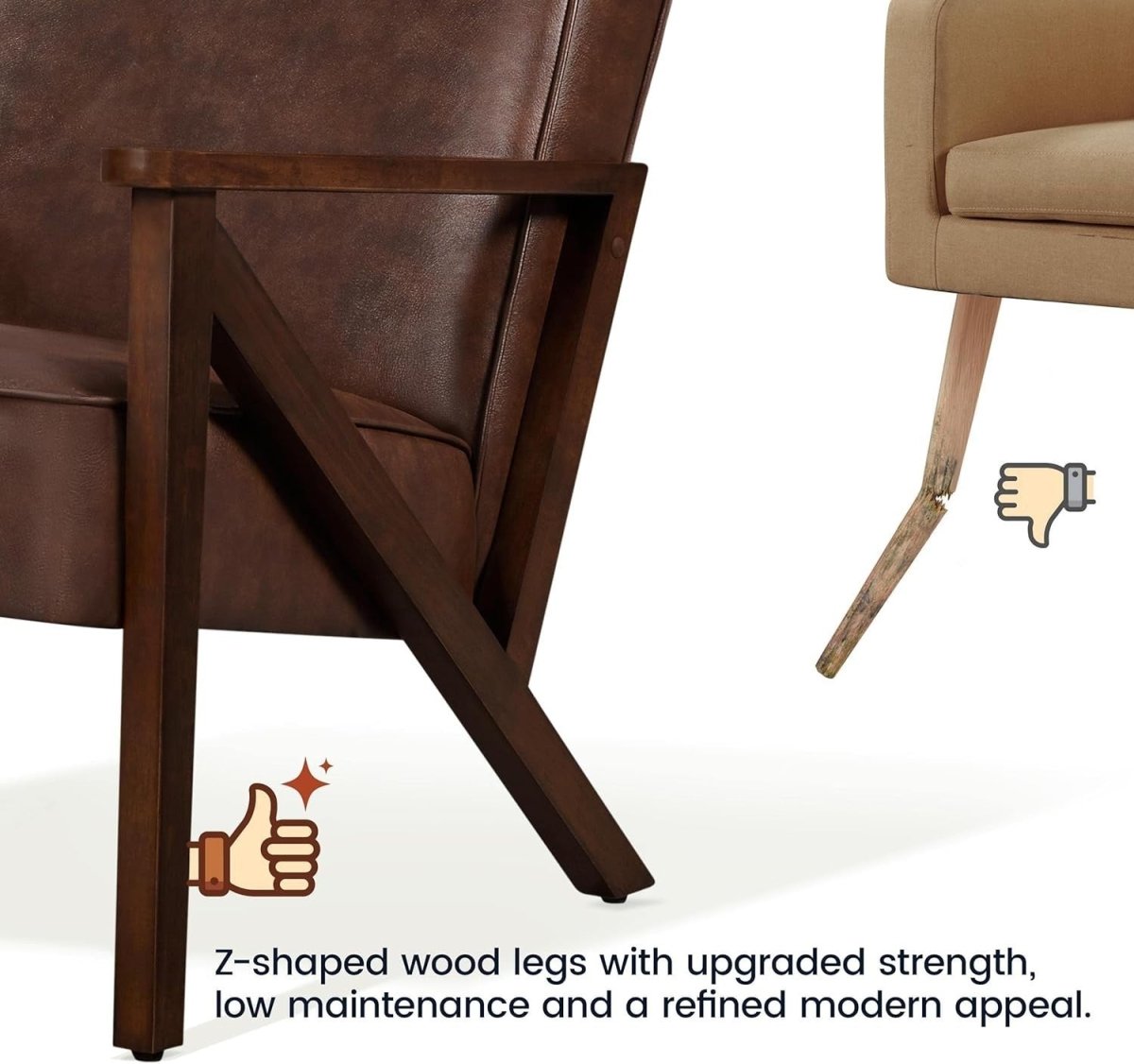 Modern Faux Leather Accent Chair Wood Frame Lounge Armchair Brown - Kwikley