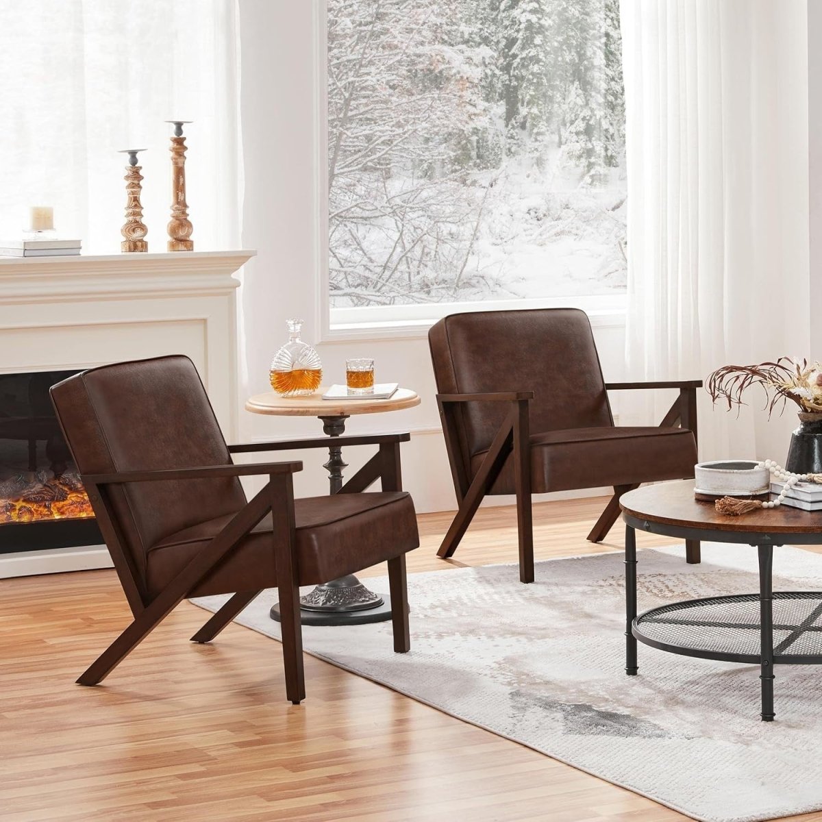 Modern Faux Leather Accent Chair Wood Frame Lounge Armchair Brown - Kwikley