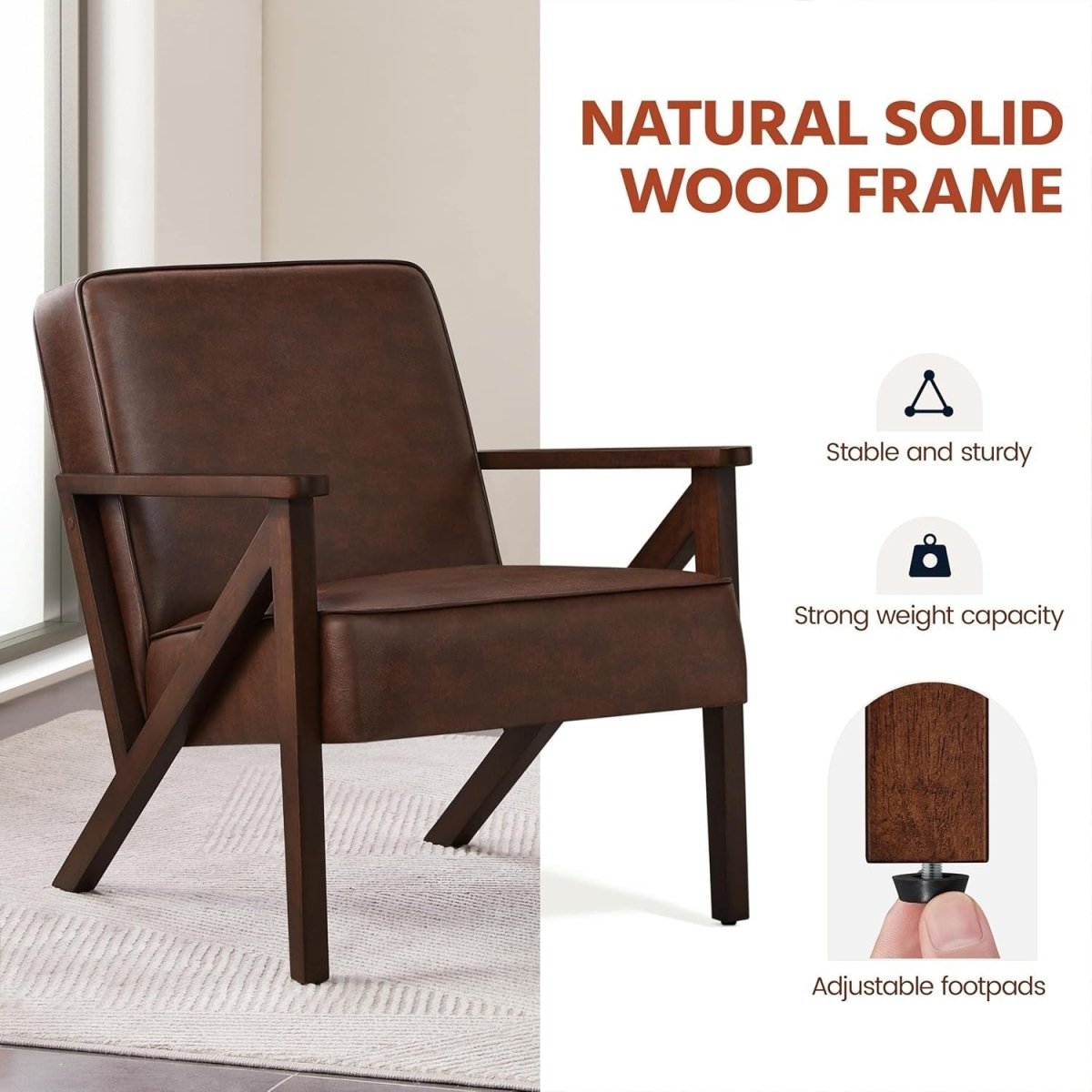 Modern Faux Leather Accent Chair Wood Frame Lounge Armchair Brown - Kwikley