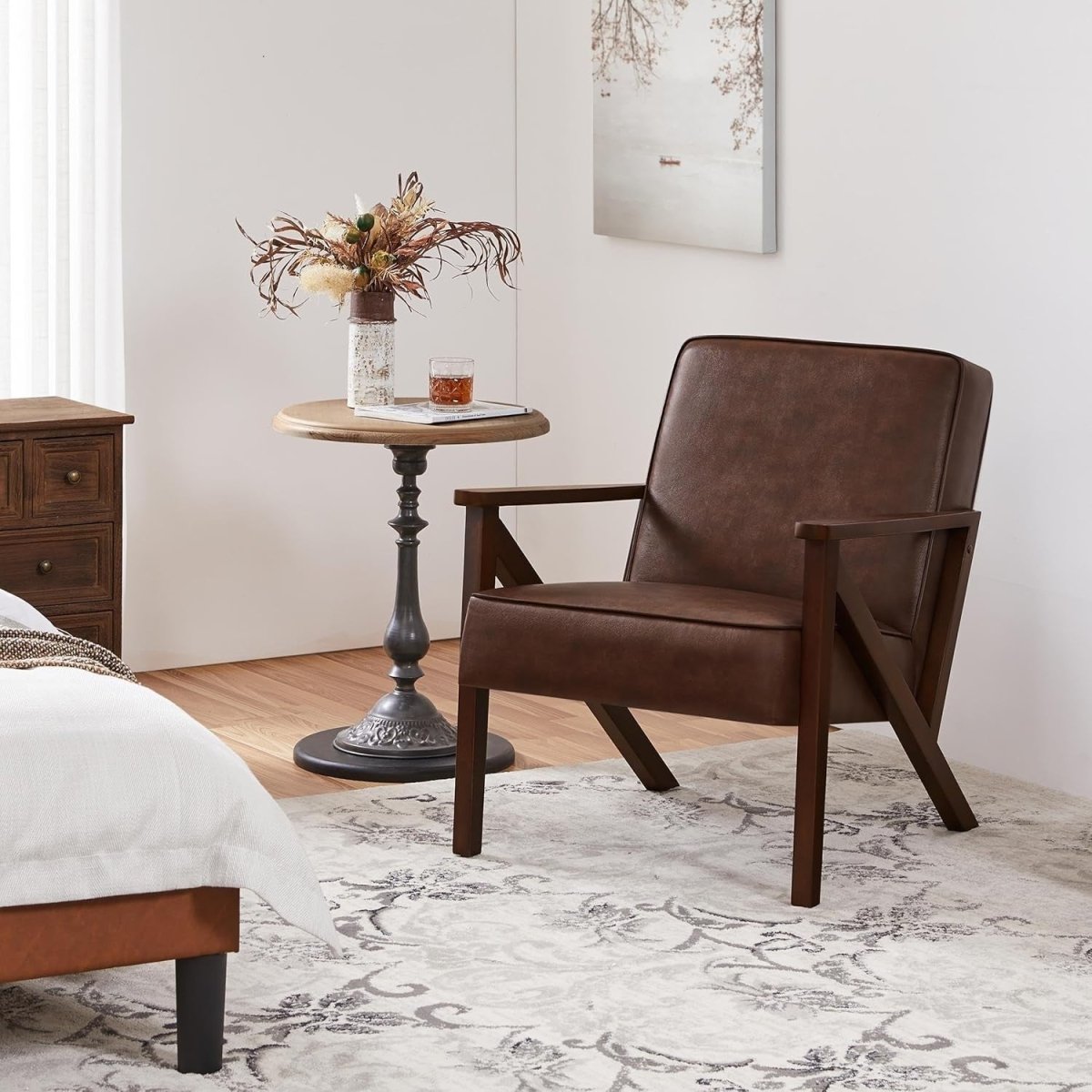 Modern Faux Leather Accent Chair Wood Frame Lounge Armchair Brown - Kwikley