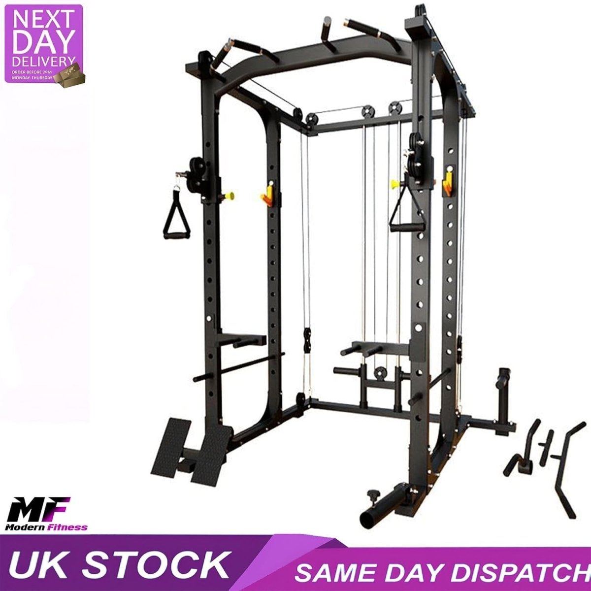 Modern Fitness Power Rack Squat Cage Cable Pulley System Red - Kwikley