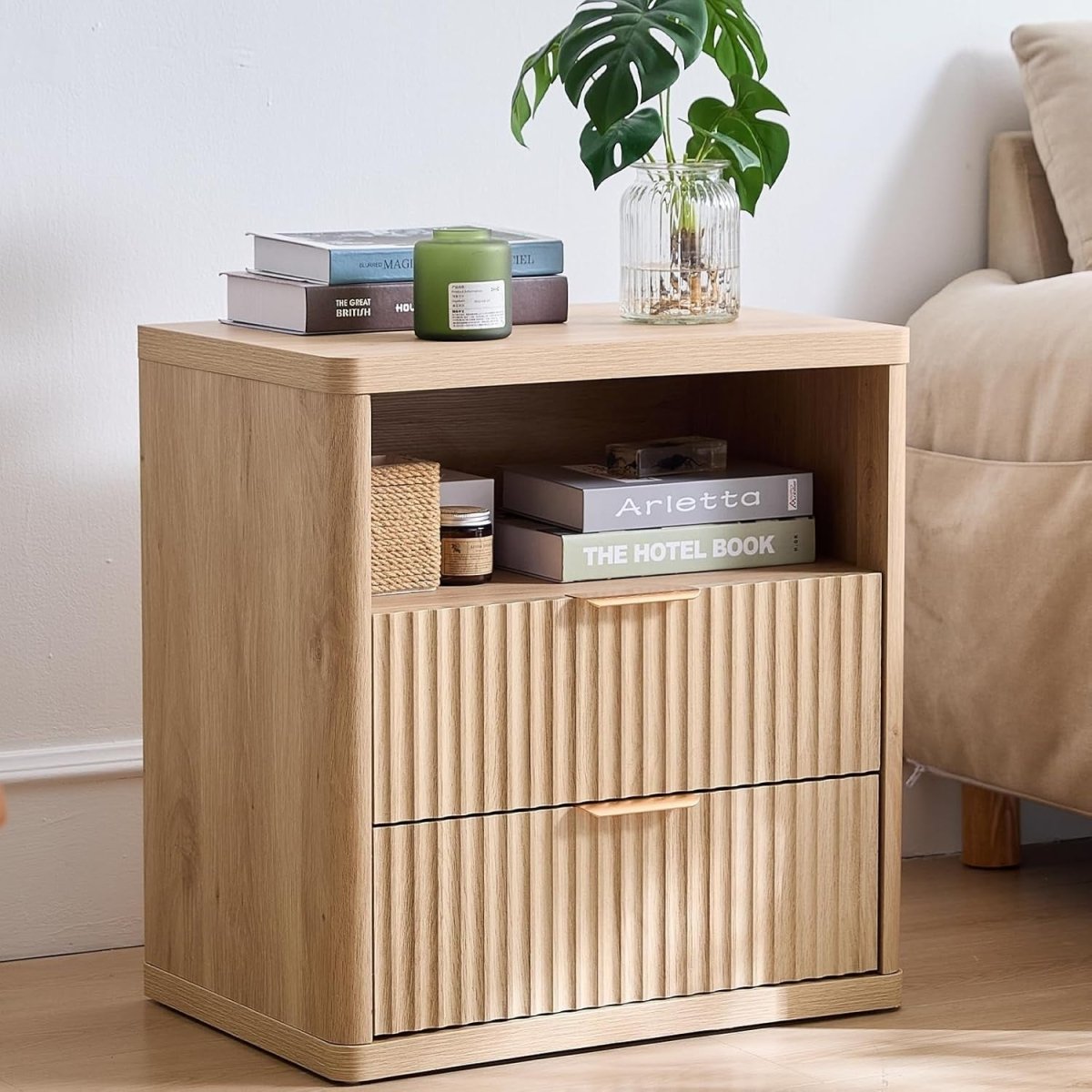 Modern Fluted Bedside Table with 2 Drawers & Open Shelf | Natural Wood - Kwikley