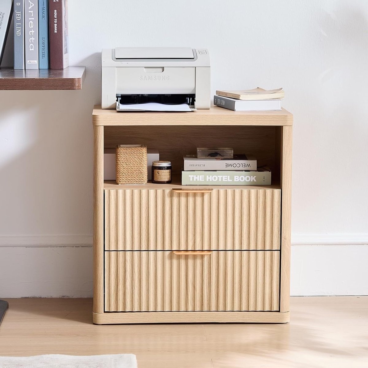 Modern Fluted Bedside Table with 2 Drawers & Open Shelf | Natural Wood - Kwikley