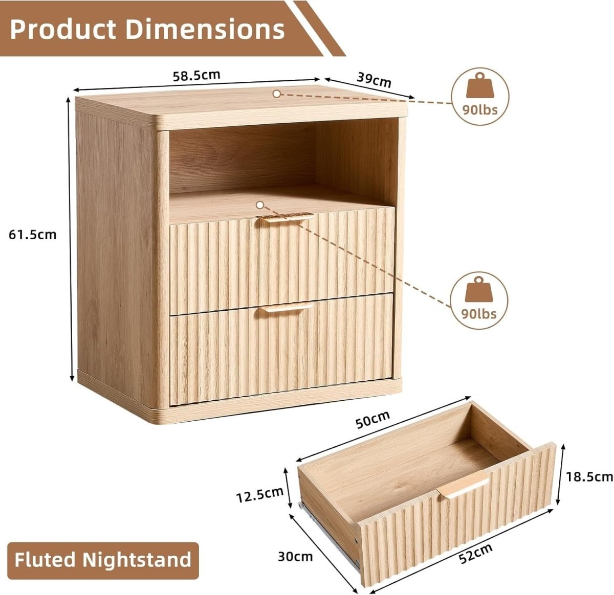 Modern Fluted Bedside Table with 2 Drawers & Open Shelf | Natural Wood - Kwikley
