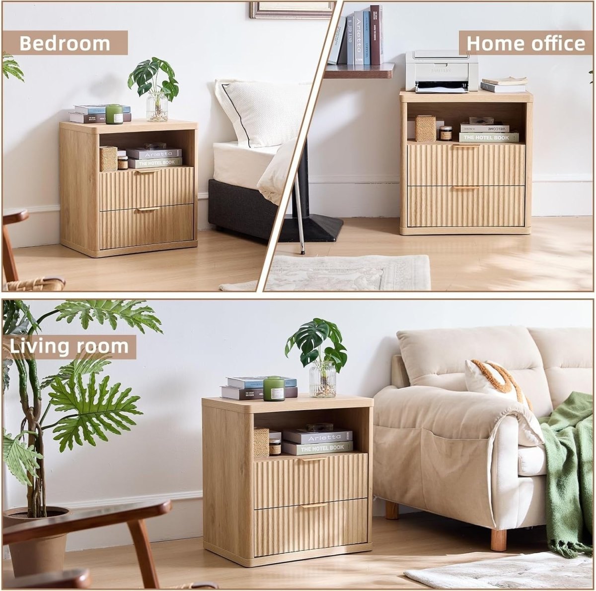Modern Fluted Bedside Table with 2 Drawers & Open Shelf | Natural Wood - Kwikley