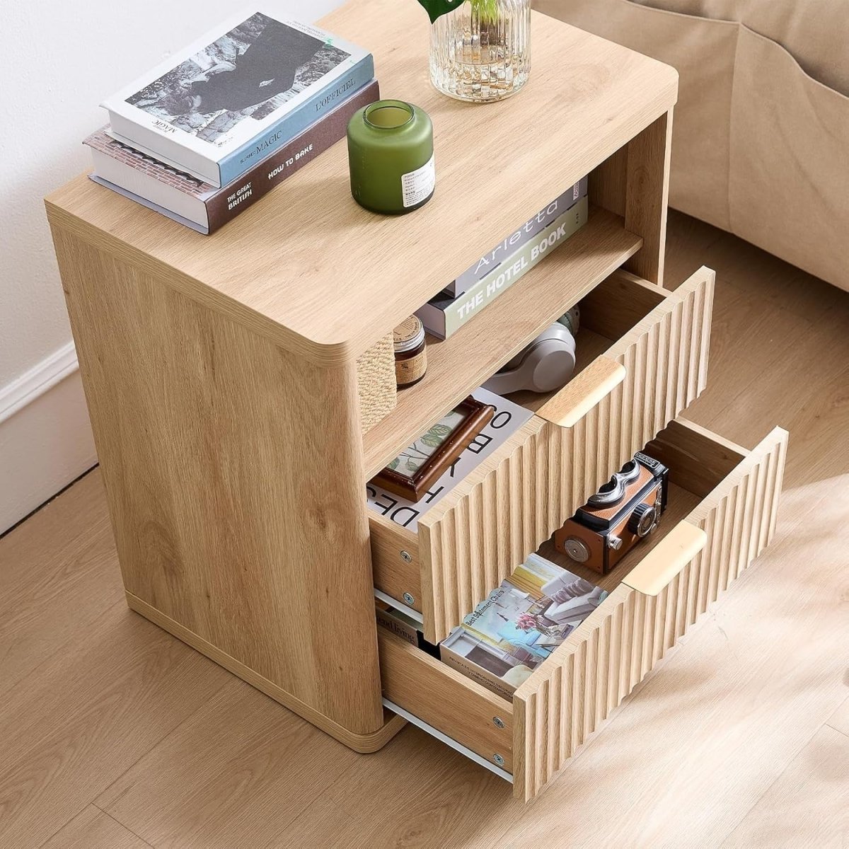 Modern Fluted Bedside Table with 2 Drawers & Open Shelf | Natural Wood - Kwikley