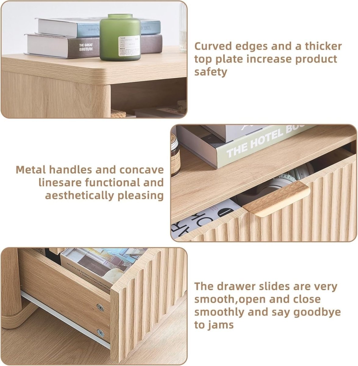 Modern Fluted Bedside Table with 2 Drawers & Open Shelf | Natural Wood - Kwikley