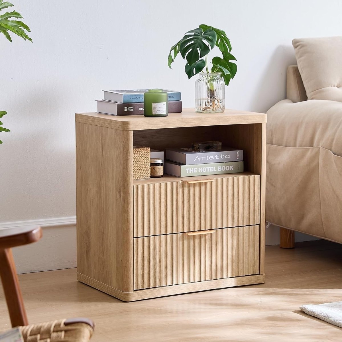 Modern Fluted Bedside Table with 2 Drawers & Open Shelf | Natural Wood - Kwikley