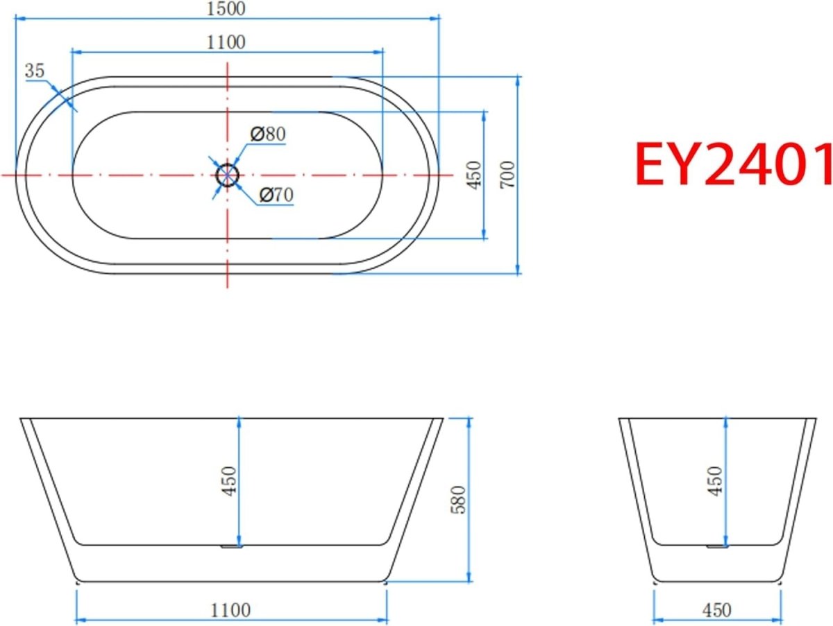 Modern Freestanding Double Ended Bath Tub 1500x700mm Luxury Acrylic Soaking Spa - Kwikley