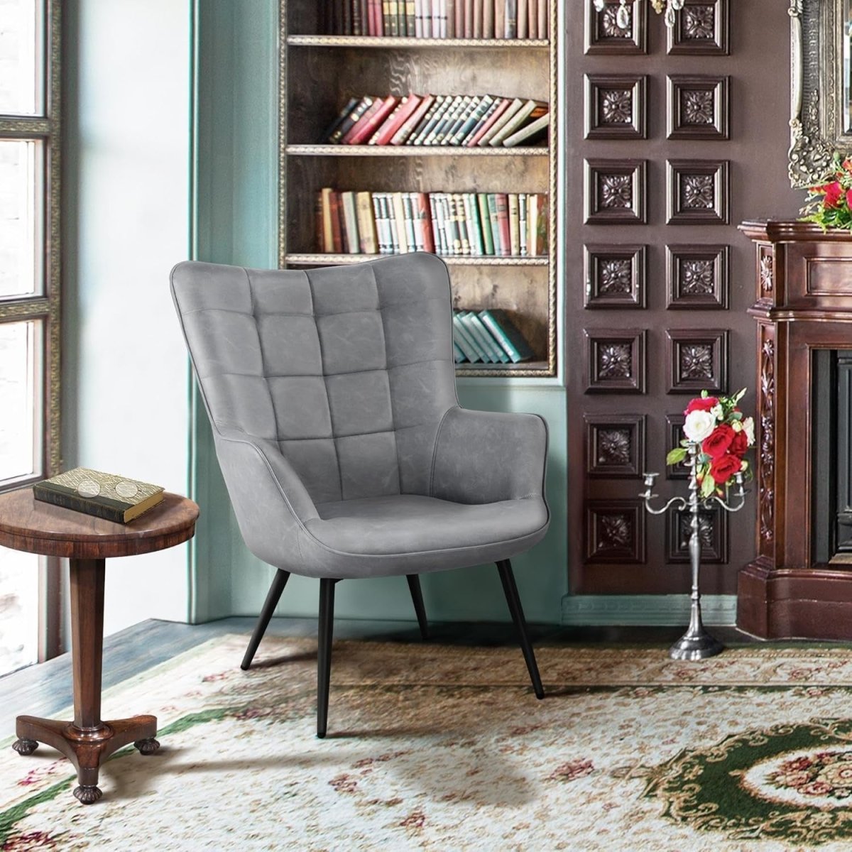 Modern Gray Faux Leather Accent Chairs - High Back, Wingback Armchairs x2 - Kwikley