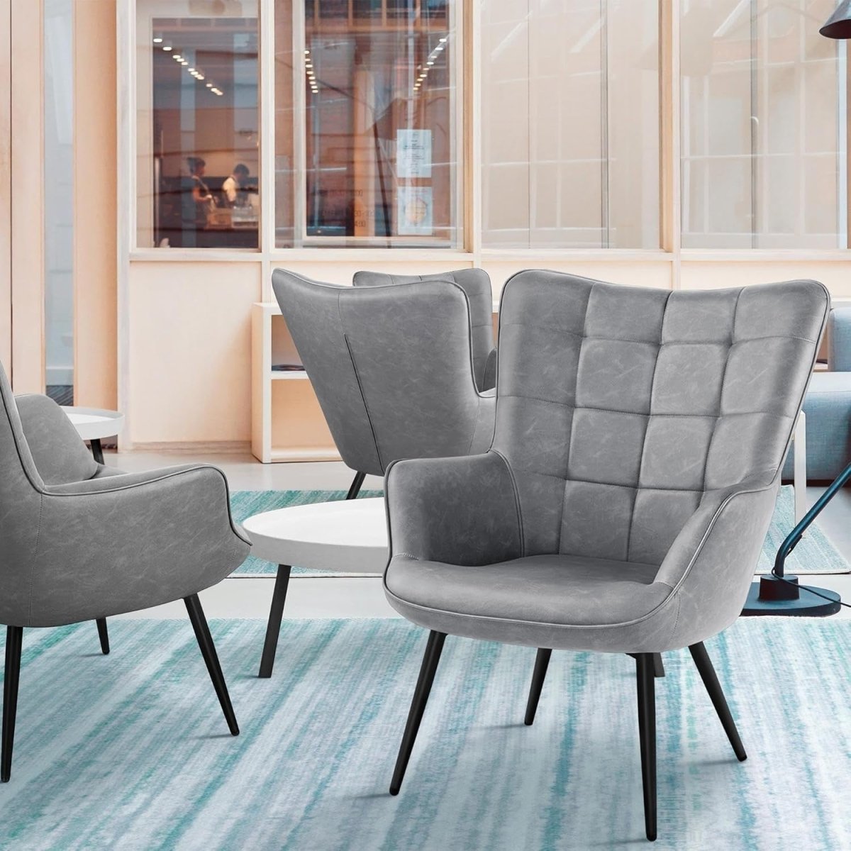 Modern Gray Faux Leather Accent Chairs - High Back, Wingback Armchairs x2 - Kwikley