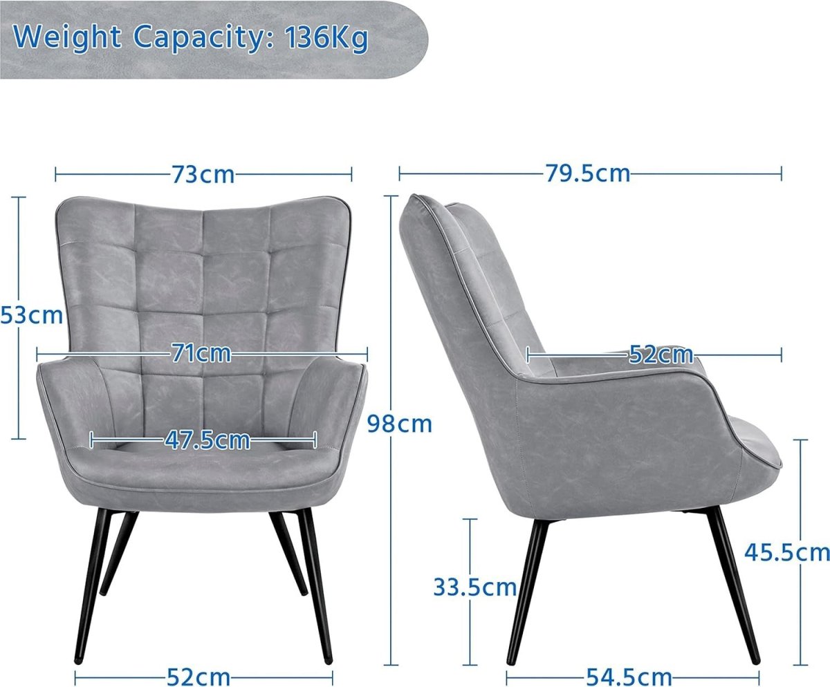Modern Gray Faux Leather Accent Chairs - High Back, Wingback Armchairs x2 - Kwikley