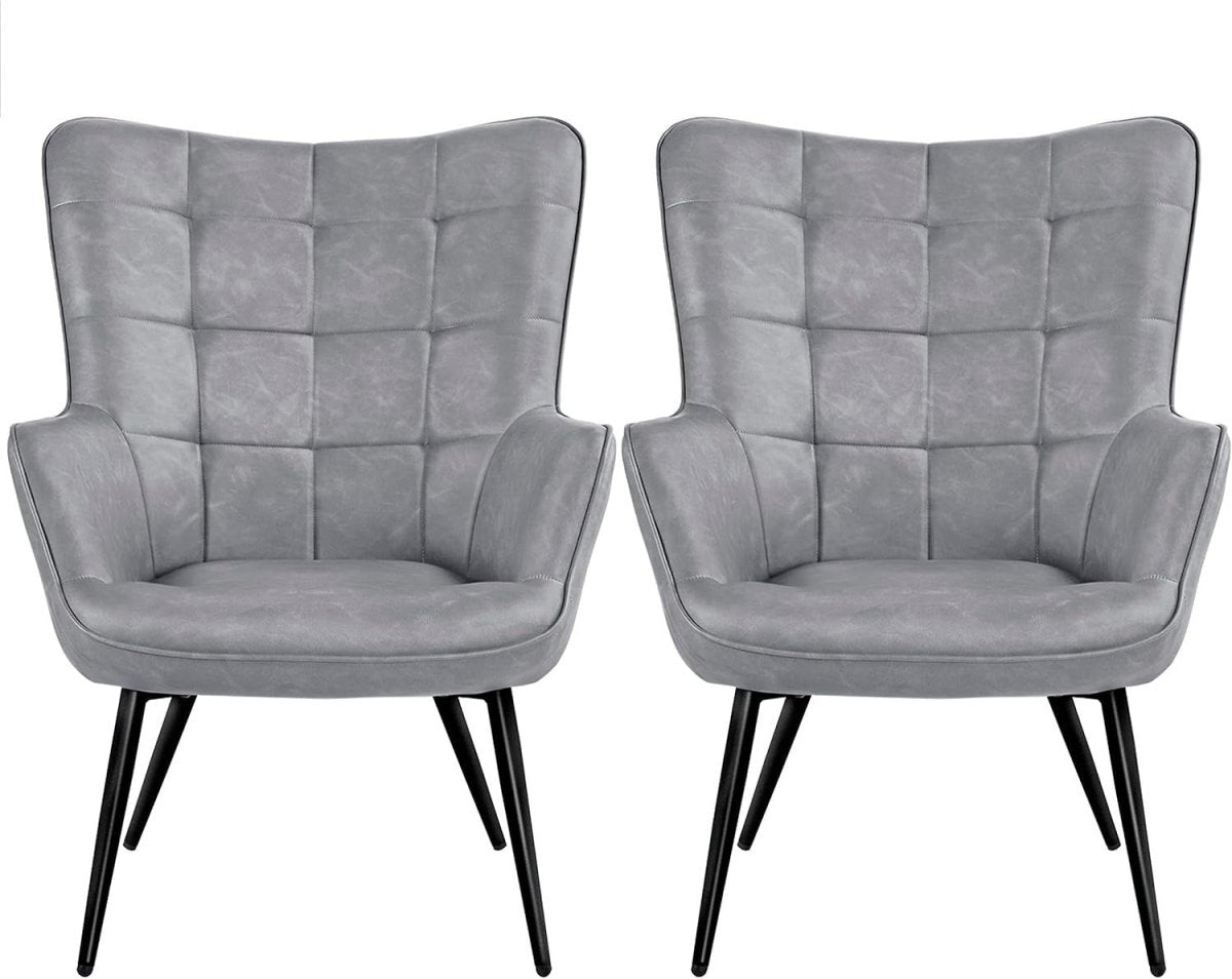 Modern Gray Faux Leather Accent Chairs - High Back, Wingback Armchairs x2 - Kwikley