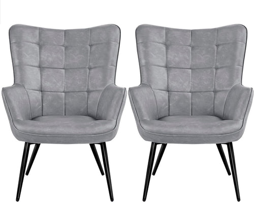 Modern Gray Faux Leather Accent Chairs - High Back, Wingback Armchairs x2 - Kwikley