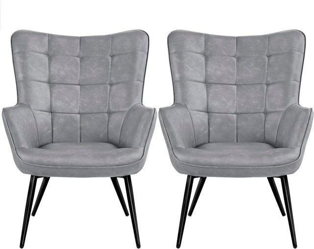 Modern Gray Faux Leather Accent Chairs - High Back, Wingback Armchairs x2