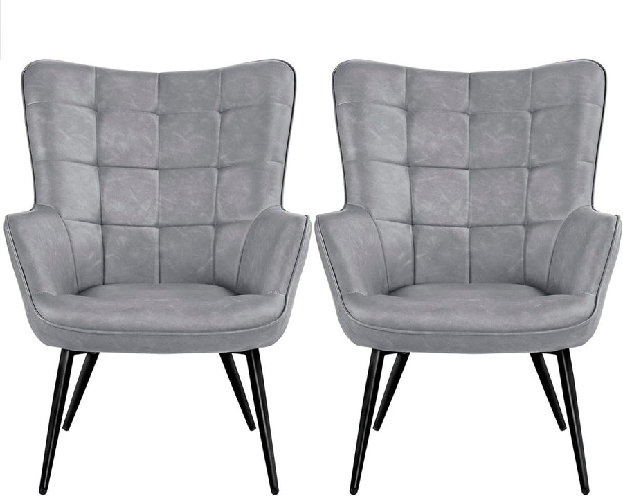 Modern Gray Faux Leather Accent Chairs - High Back, Wingback Armchairs x2 - Kwikley