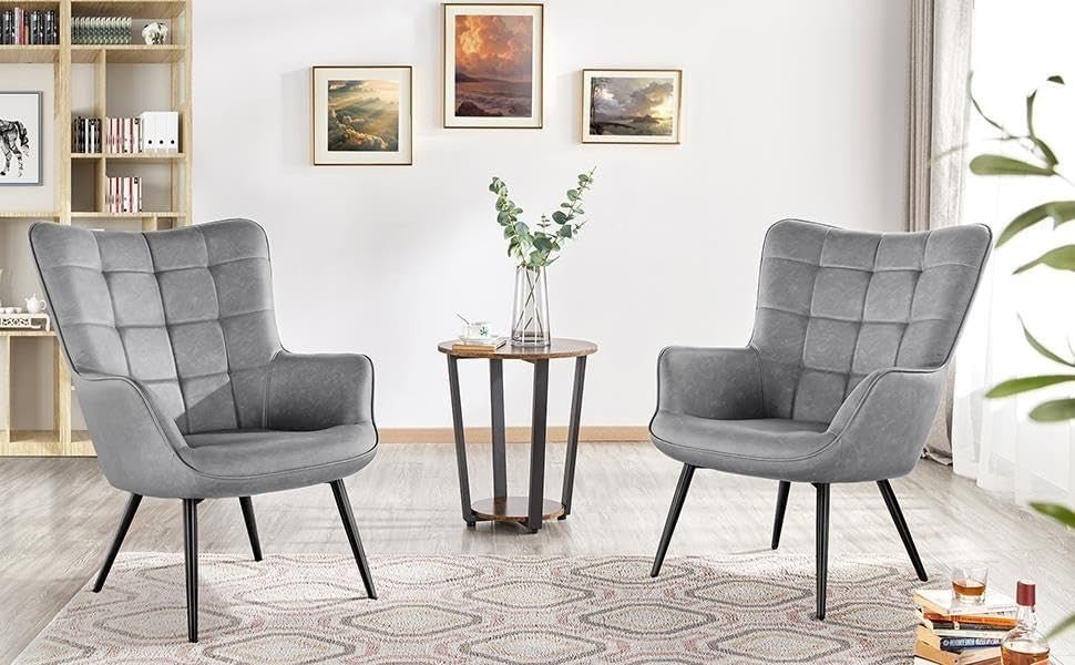 Modern Gray Faux Leather Accent Chairs - High Back, Wingback Armchairs x2 - Kwikley