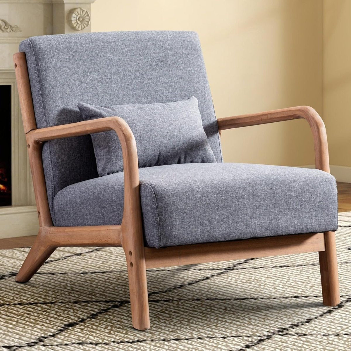 Modern Grey Accent Chair – High Back Linen Armchair with Wood Frame - Kwikley