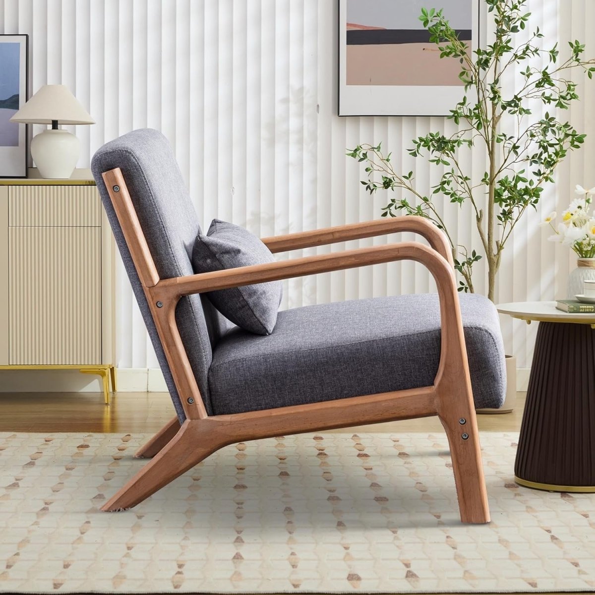Modern Grey Accent Chair – High Back Linen Armchair with Wood Frame - Kwikley