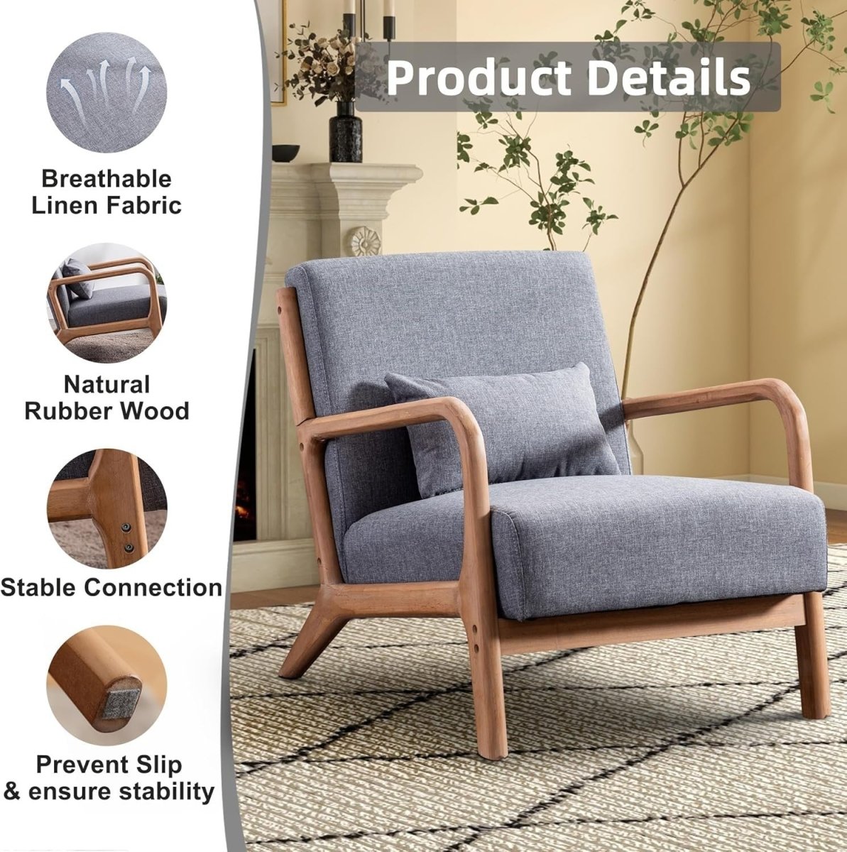 Modern Grey Accent Chair – High Back Linen Armchair with Wood Frame - Kwikley