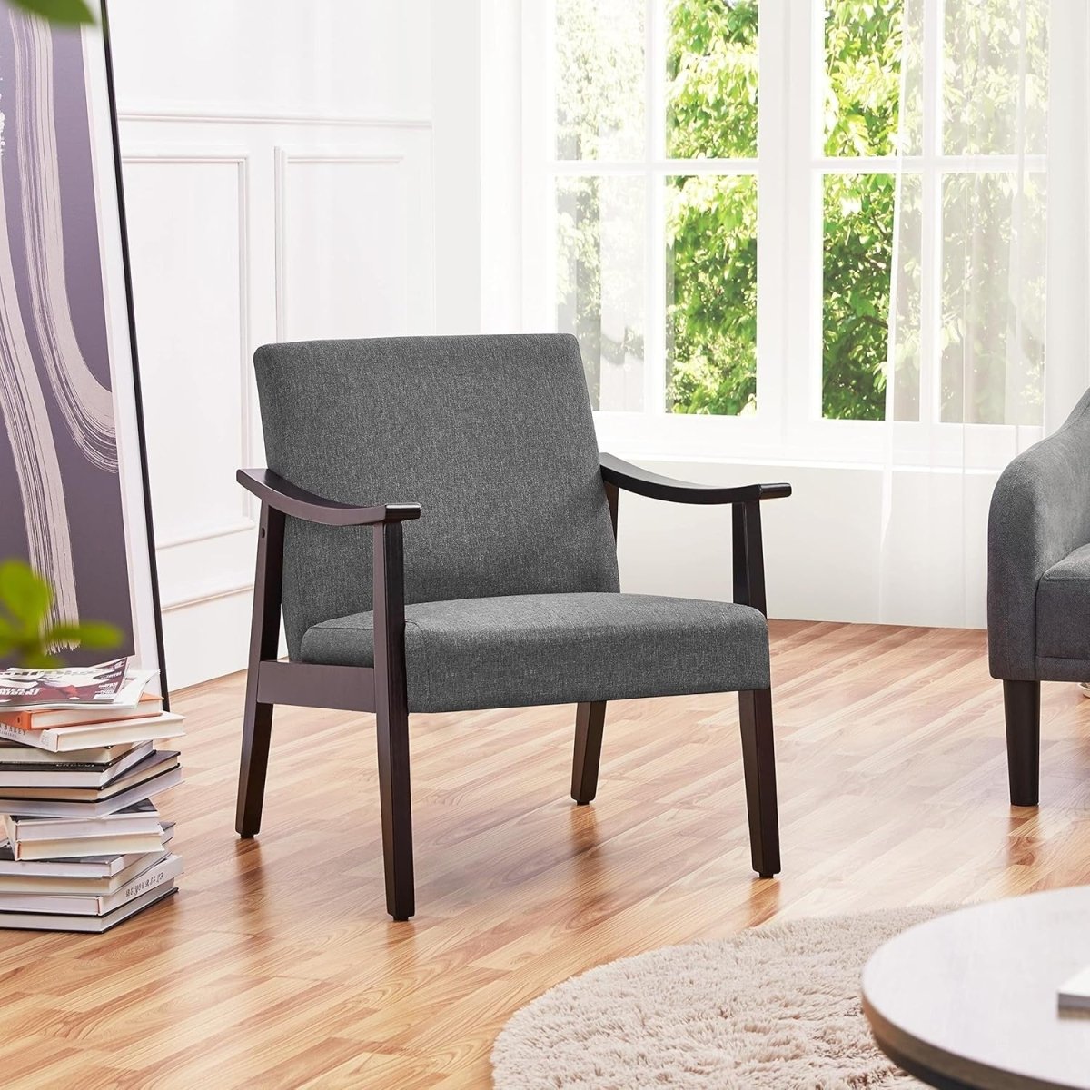Modern Grey Linen Accent Chair Comfy Lounge Armchair Wood Legs Room - Kwikley