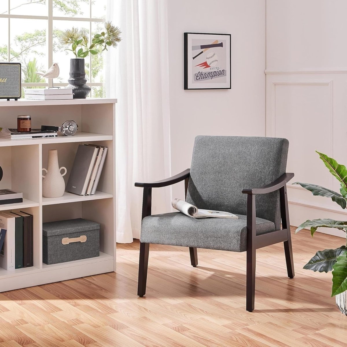 Modern Grey Linen Accent Chair Comfy Lounge Armchair Wood Legs Room - Kwikley
