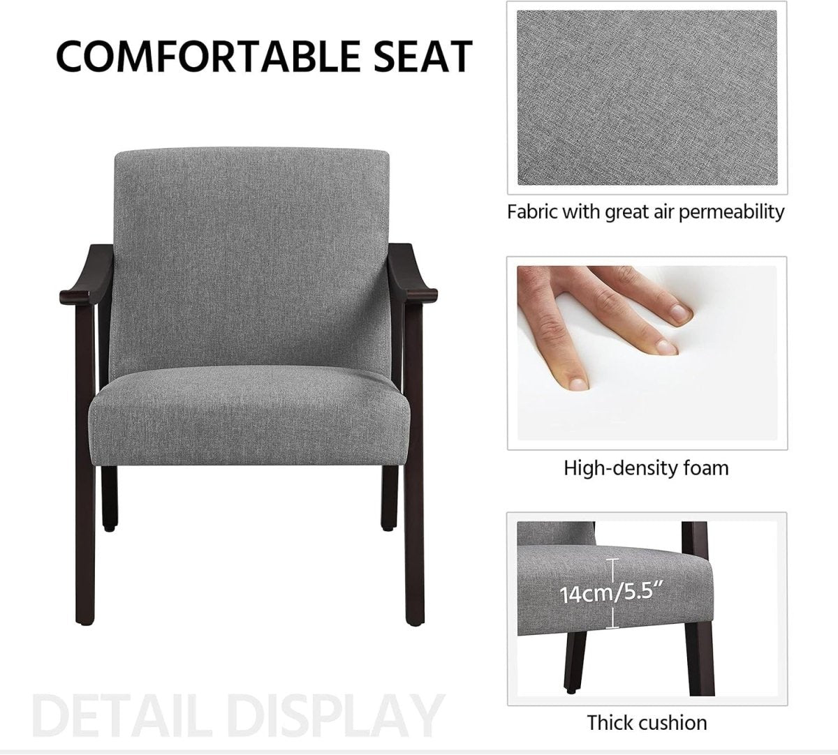 Modern Grey Linen Accent Chair Comfy Lounge Armchair Wood Legs Room - Kwikley