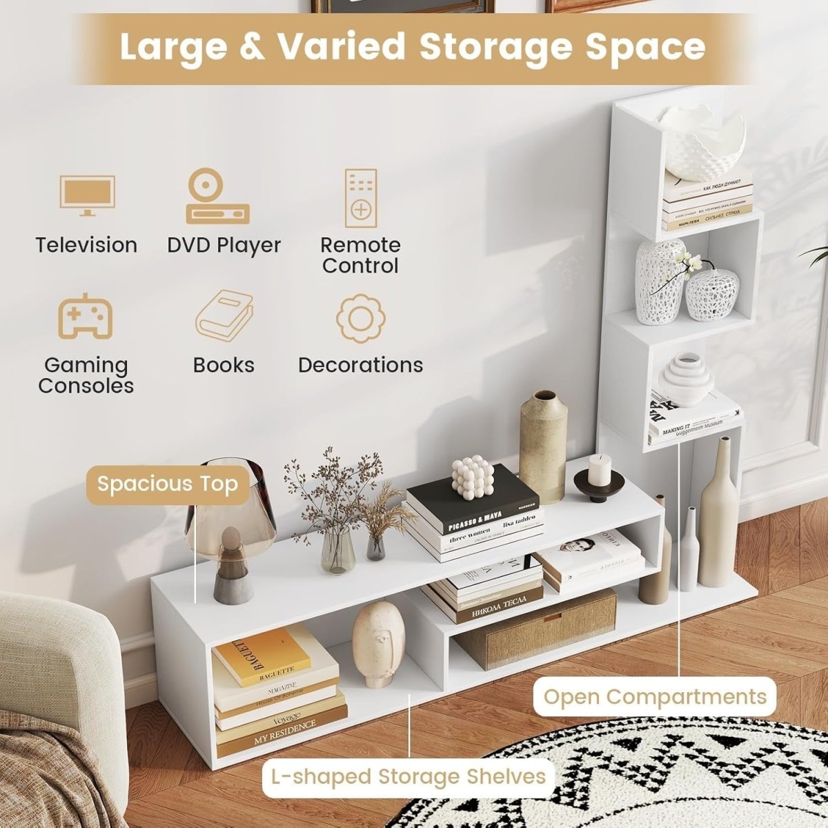 Modern L-Shaped TV Stand up to 50" with Storage Shelves & Open Compartments - Kwikley