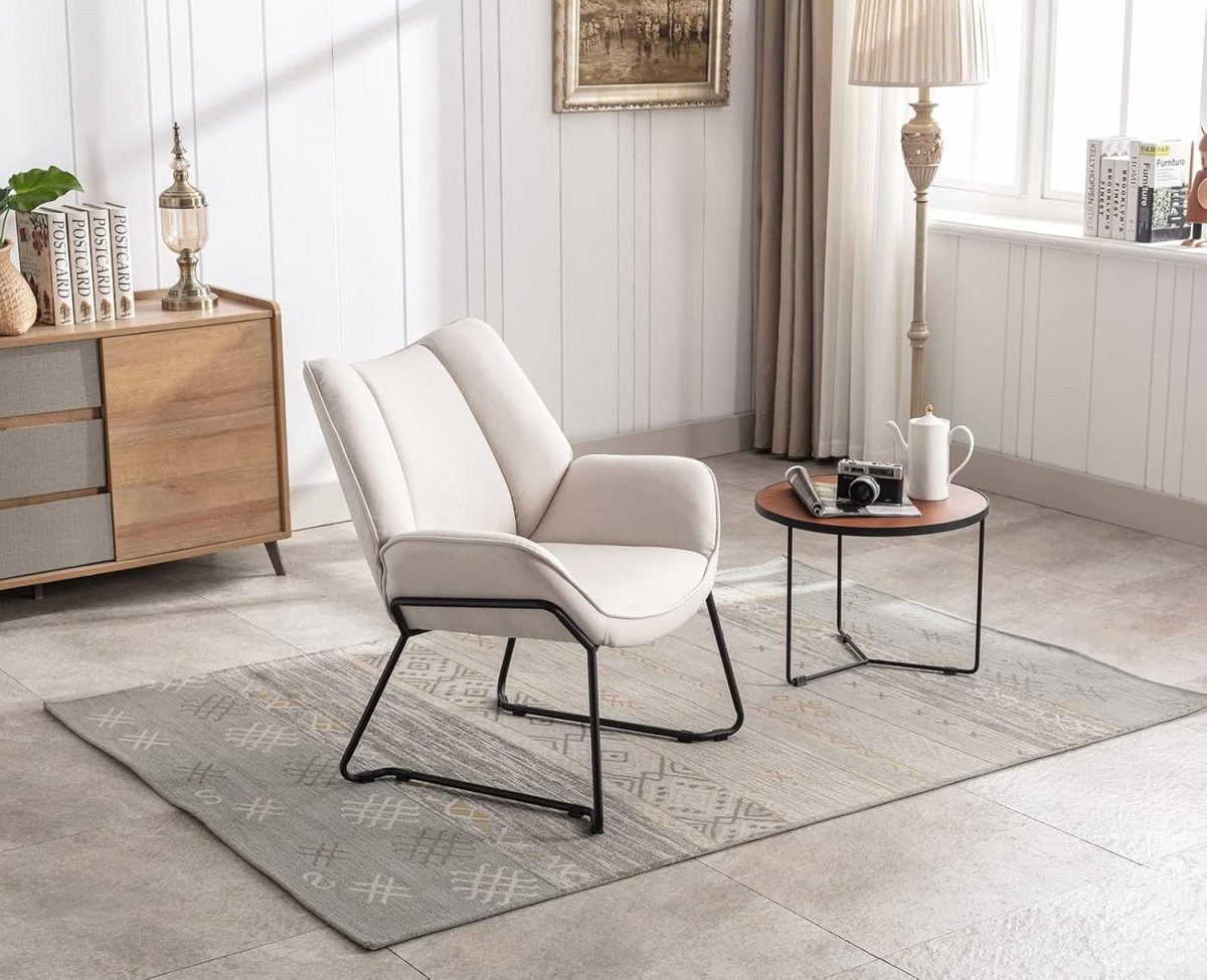 Modern Linen Tub Armchair Beige Upholstered Accent Chair with Metal Legs - Kwikley