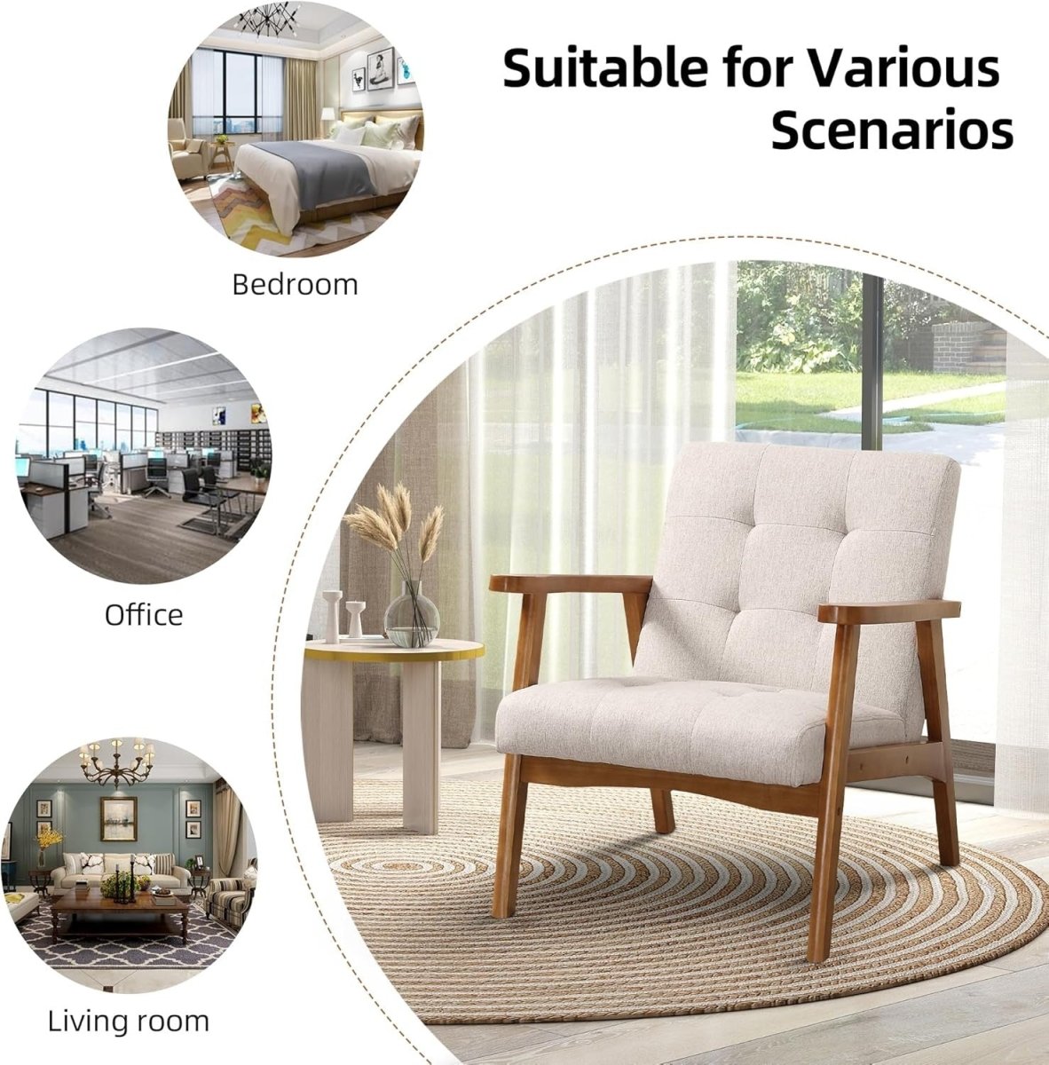 Modern Linen Upholstered Accent Chair – Solid Wood Lounge Armchair Beige - Kwikley