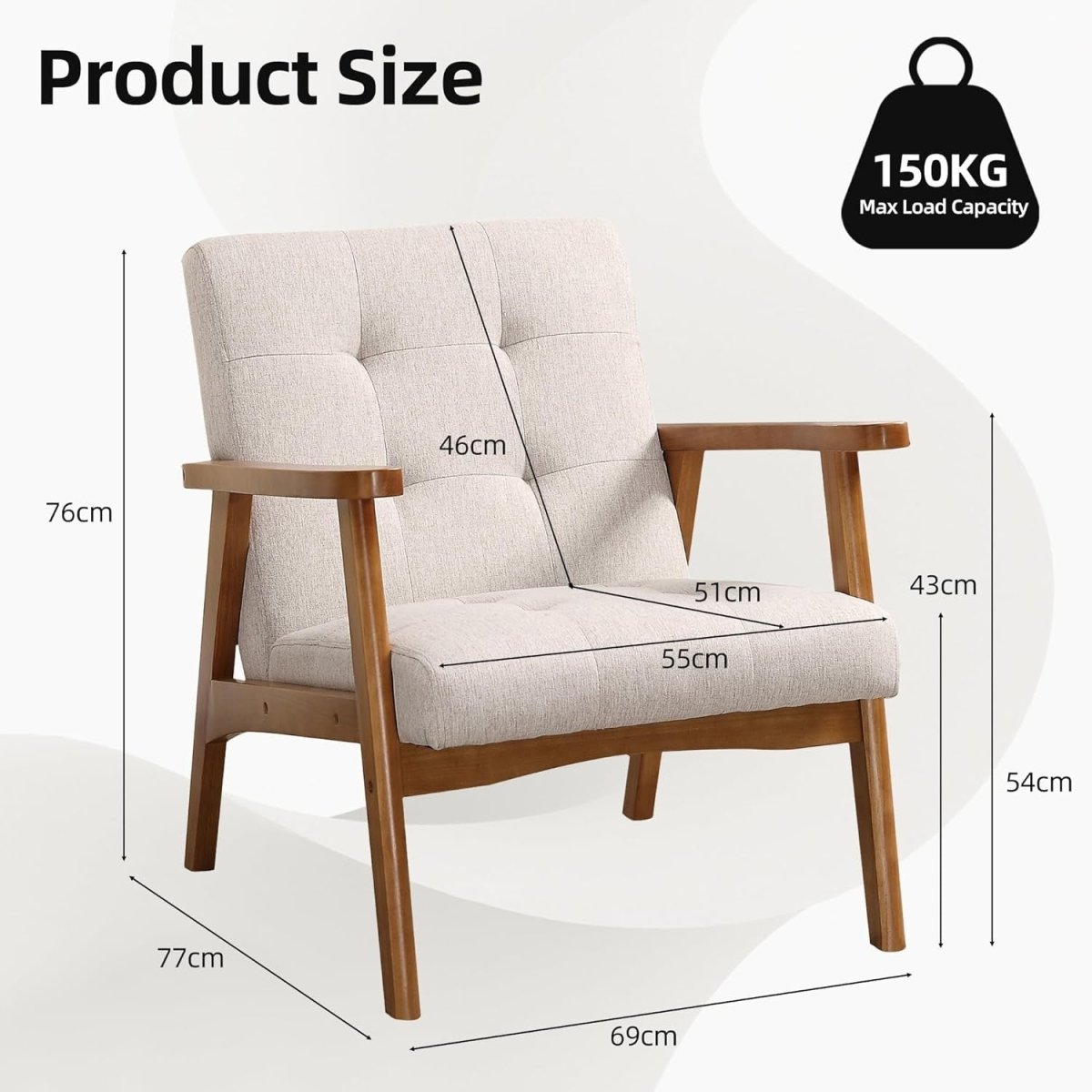 Modern Linen Upholstered Accent Chair – Solid Wood Lounge Armchair Beige - Kwikley