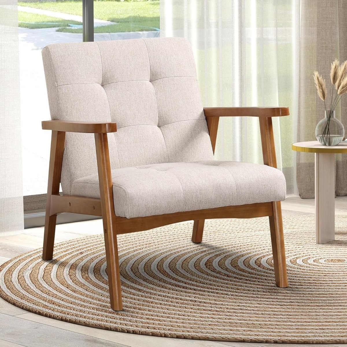 Modern Linen Upholstered Accent Chair – Solid Wood Lounge Armchair Beige - Kwikley
