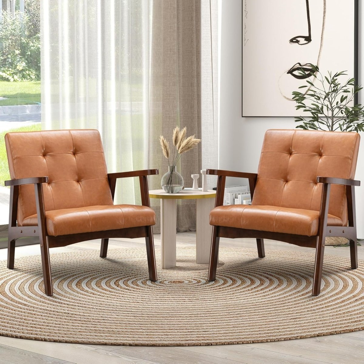Modern Lounge Armchair Set of 2 – Orange Upholstered Solid Wood Accent Chairs - Kwikley