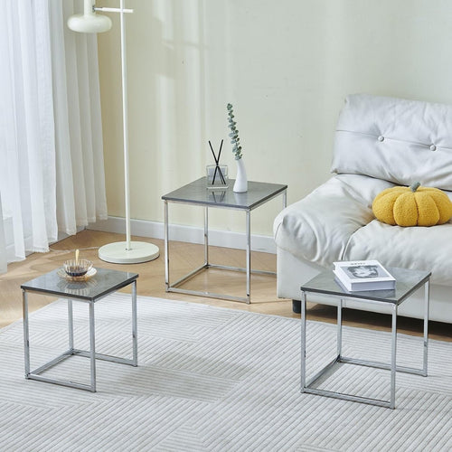 Modern Nesting Coffee Table Set of 3 Square Grey Marble Side End Lamp Tables - Kwikley