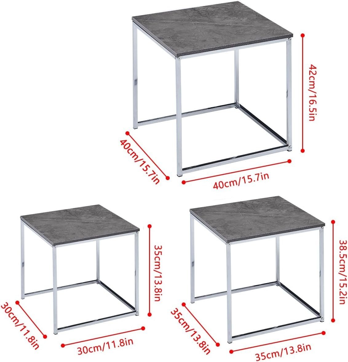 Modern Nesting Coffee Table Set of 3 Square Grey Marble Side End Lamp Tables - Kwikley