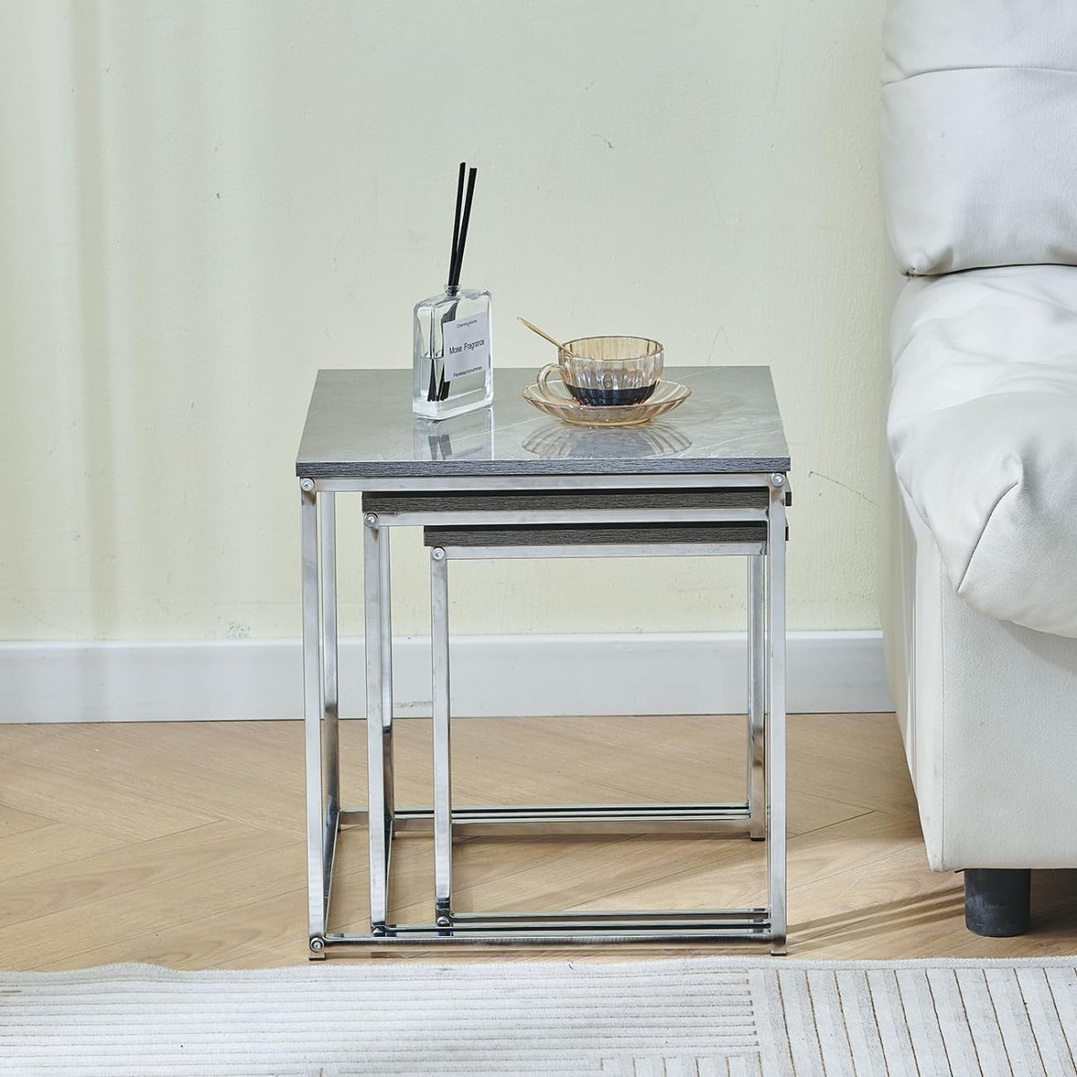 Modern Nesting Coffee Table Set of 3 Square Grey Marble Side End Lamp Tables - Kwikley