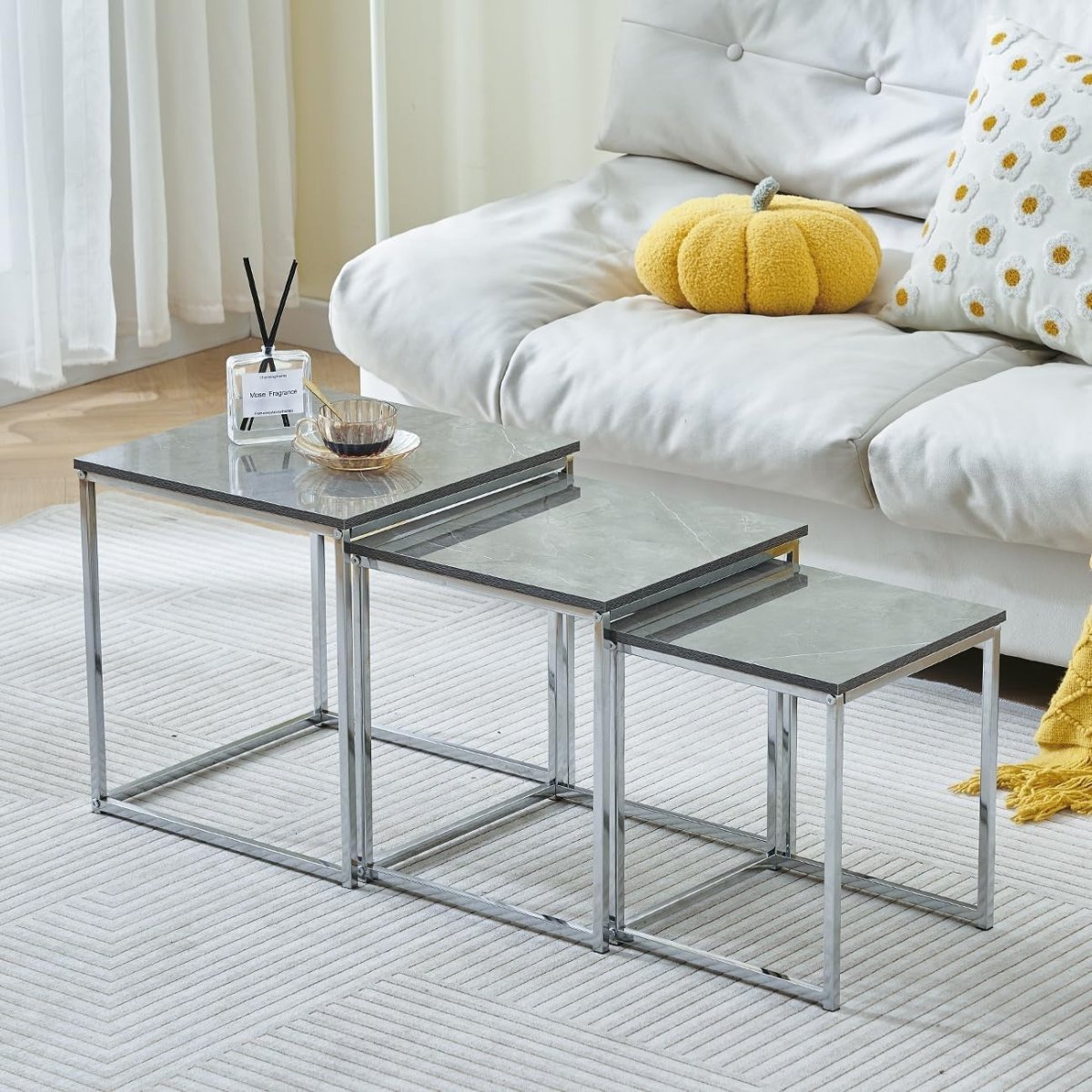 Modern Nesting Coffee Table Set of 3 Square Grey Marble Side End Lamp Tables - Kwikley
