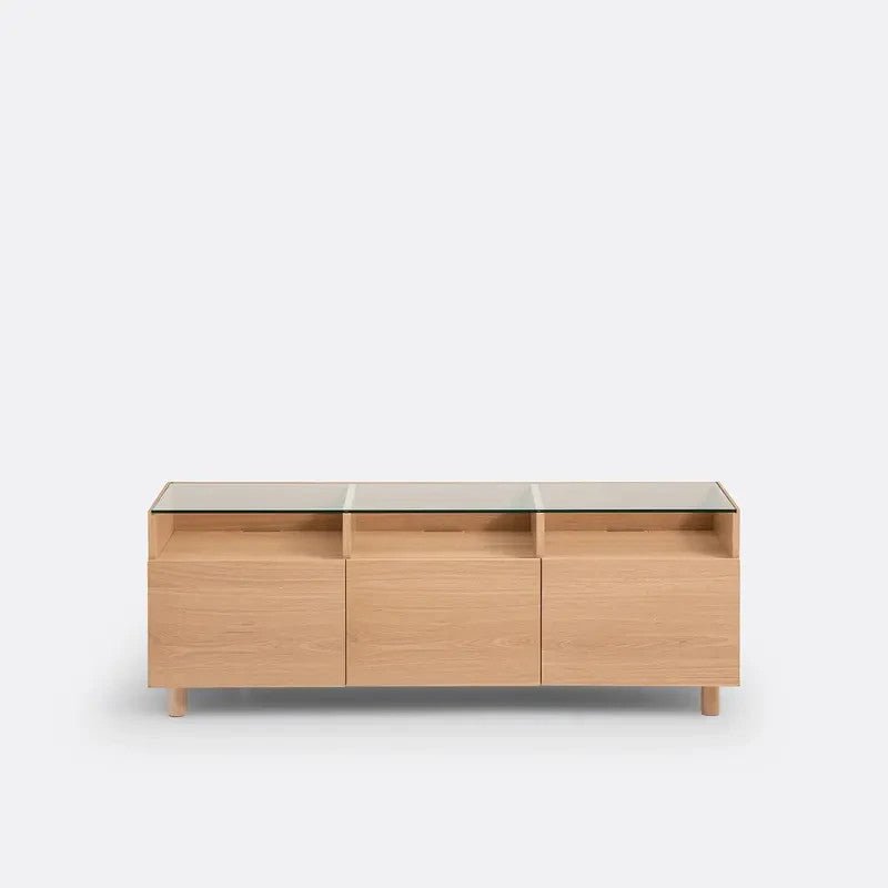 Modern Oak & Glass TV Stand Unit | 140cm Wide | 3 Doors | Cable Holes - Kwikley
