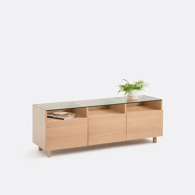 Modern Oak & Glass TV Stand Unit | 140cm Wide | 3 Doors | Cable Holes - Kwikley